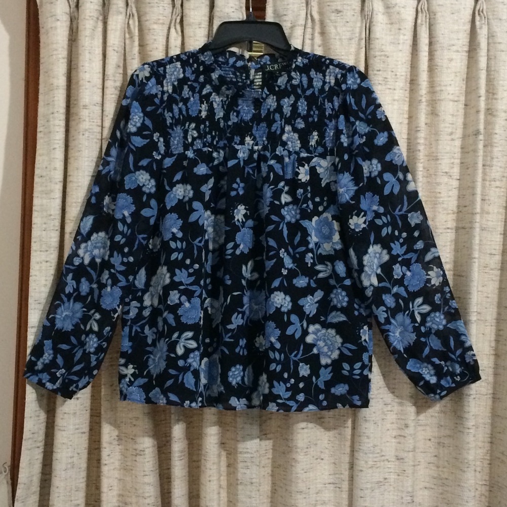 J. Crew Ruffleneck Chiffon Blouse - Midnight Blue Floral